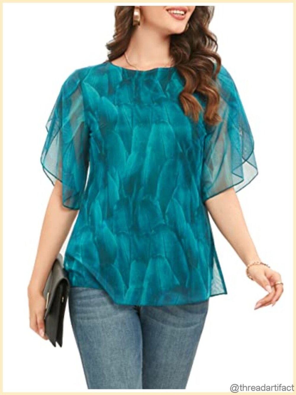 Womens Layered Chiffon Blouse Half Bell Sleeve Flowy Tunic Top